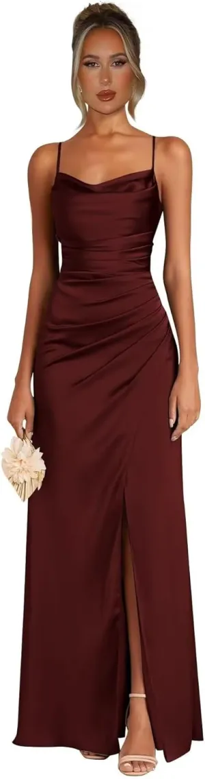 Satin Bridesmaid Dresses for Women Mermaid Prom Dress Spaghetti Strap Formal Evening Dress with Slit AP34