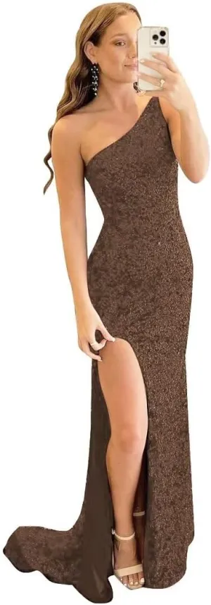 Sequin Prom Dresses Long Mermaid One Shoulder Formal Gowns Backless Evening Party Gowns with Slit
