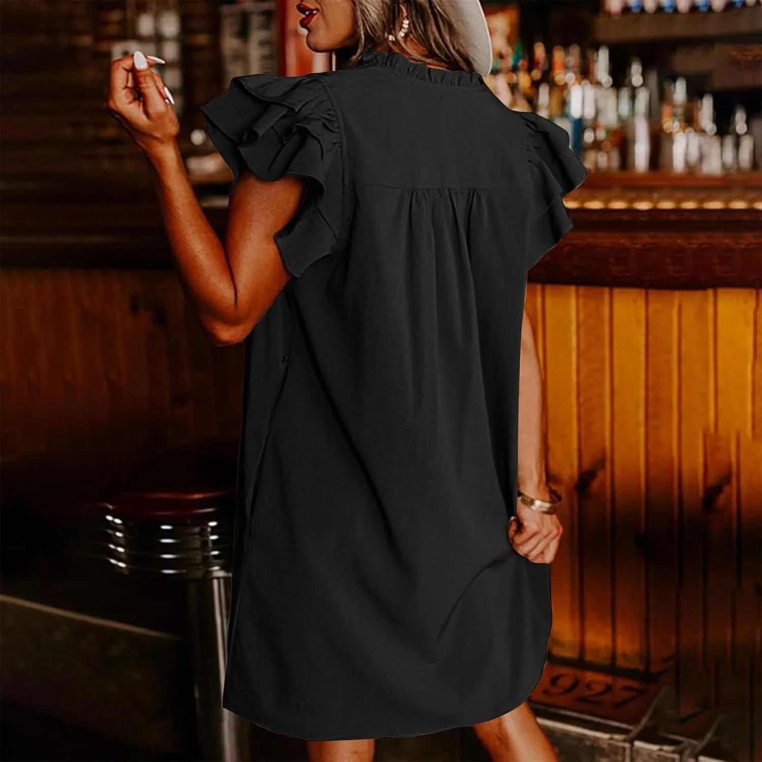 Shift Dress for Women 2024 Ruffle Sexy Mini Dress Cap Sleeve Solid Color Short Sleeve Pleated Casual Shirt Dress