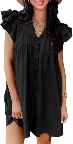 Shift Dress for Women 2024 Ruffle Sexy Mini Dress Cap Sleeve Solid Color Short Sleeve Pleated Casual Shirt Dress