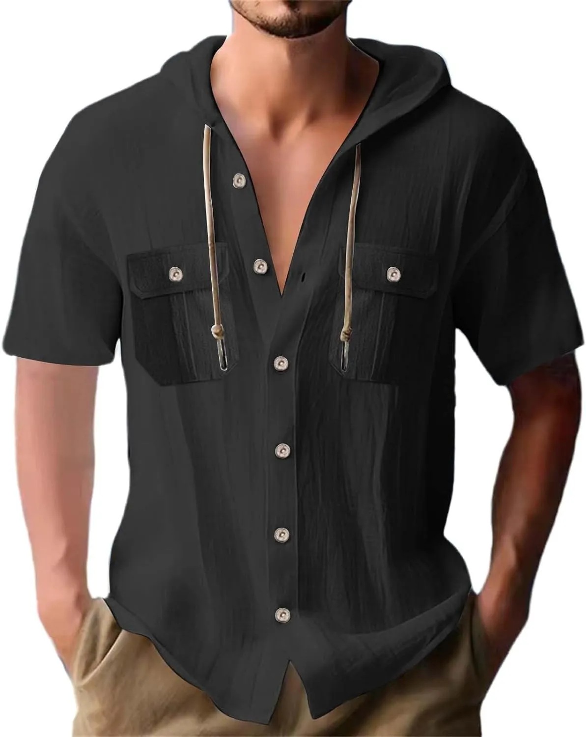 Short Sleeve Hoodies for Men Cotton Linen Cargo Button Up Shirts with Pockets Summer Hawaiian T-Shirt Tactical Tops