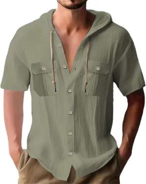 Short Sleeve Hoodies for Men Cotton Linen Cargo Button Up Shirts with Pockets Summer Hawaiian T-Shirt Tactical Tops