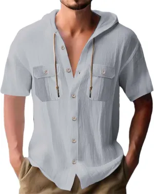 Short Sleeve Hoodies for Men Cotton Linen Cargo Button Up Shirts with Pockets Summer Hawaiian T-Shirt Tactical Tops
