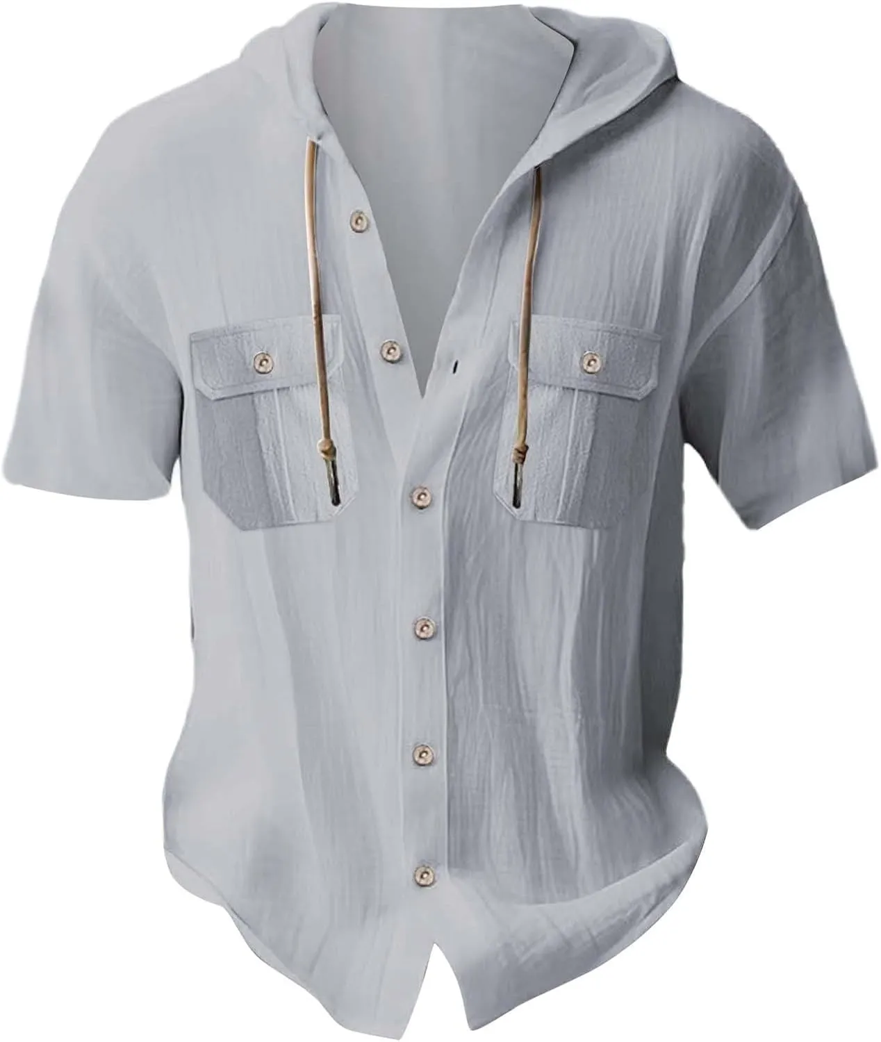 Short Sleeve Hoodies for Men Cotton Linen Cargo Button Up Shirts with Pockets Summer Hawaiian T-Shirt Tactical Tops