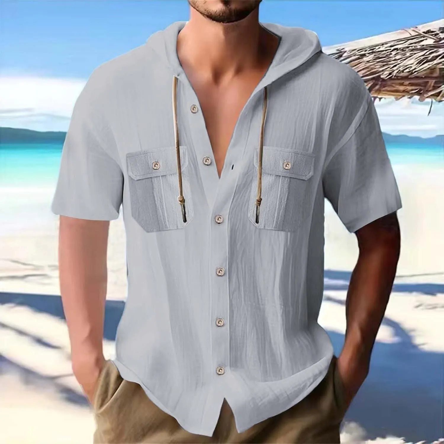 Short Sleeve Hoodies for Men Cotton Linen Cargo Button Up Shirts with Pockets Summer Hawaiian T-Shirt Tactical Tops
