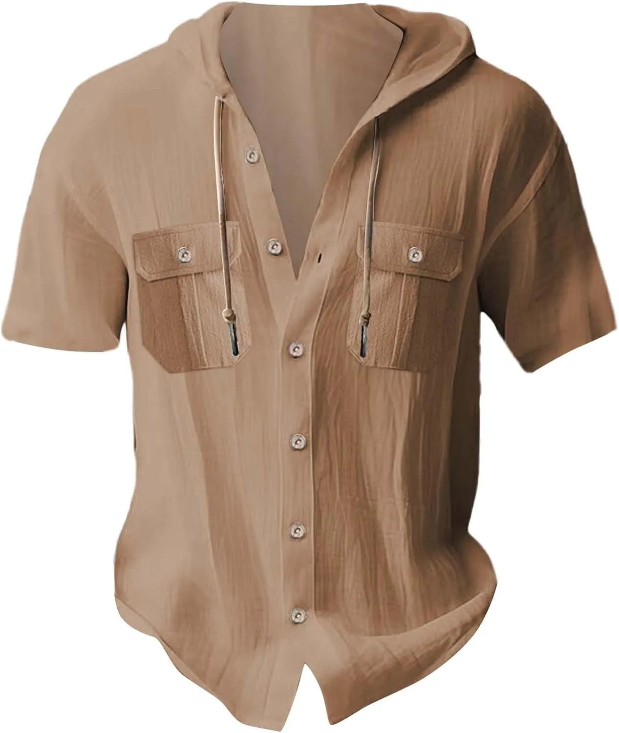 Short Sleeve Hoodies for Men Cotton Linen Cargo Button Up Shirts with Pockets Summer Hawaiian T-Shirt Tactical Tops