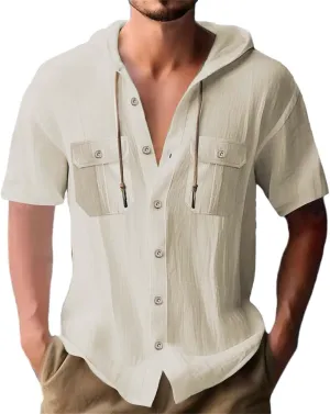Short Sleeve Hoodies for Men Cotton Linen Cargo Button Up Shirts with Pockets Summer Hawaiian T-Shirt Tactical Tops