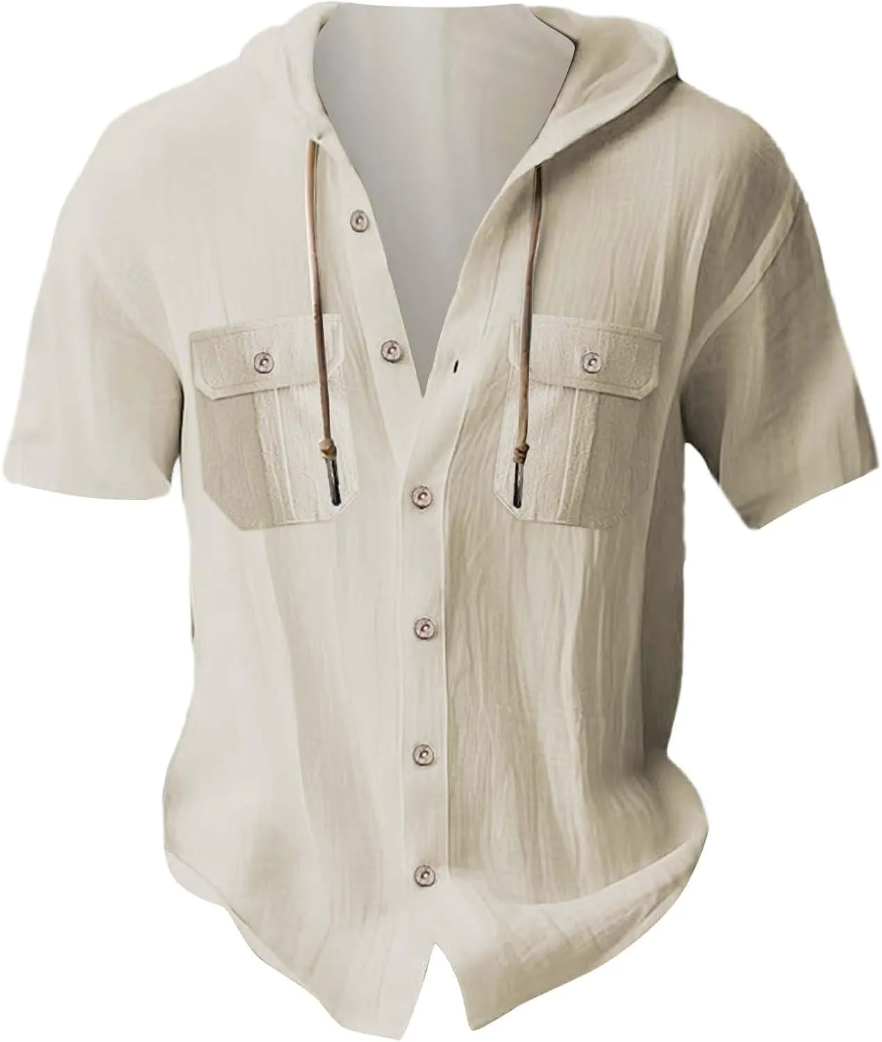 Short Sleeve Hoodies for Men Cotton Linen Cargo Button Up Shirts with Pockets Summer Hawaiian T-Shirt Tactical Tops