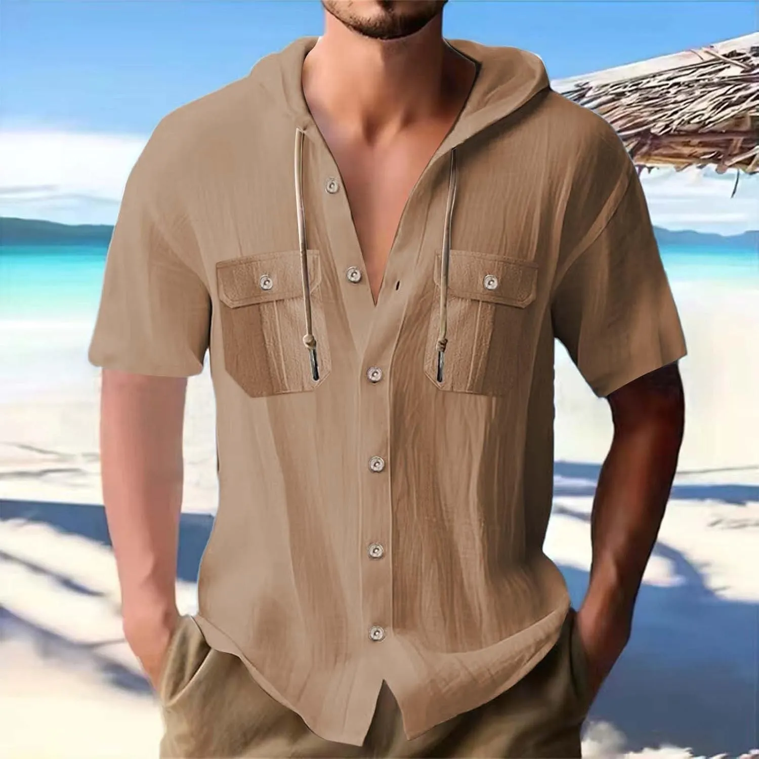 Short Sleeve Hoodies for Men Cotton Linen Cargo Button Up Shirts with Pockets Summer Hawaiian T-Shirt Tactical Tops