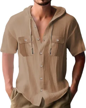 Short Sleeve Hoodies for Men Cotton Linen Cargo Button Up Shirts with Pockets Summer Hawaiian T-Shirt Tactical Tops