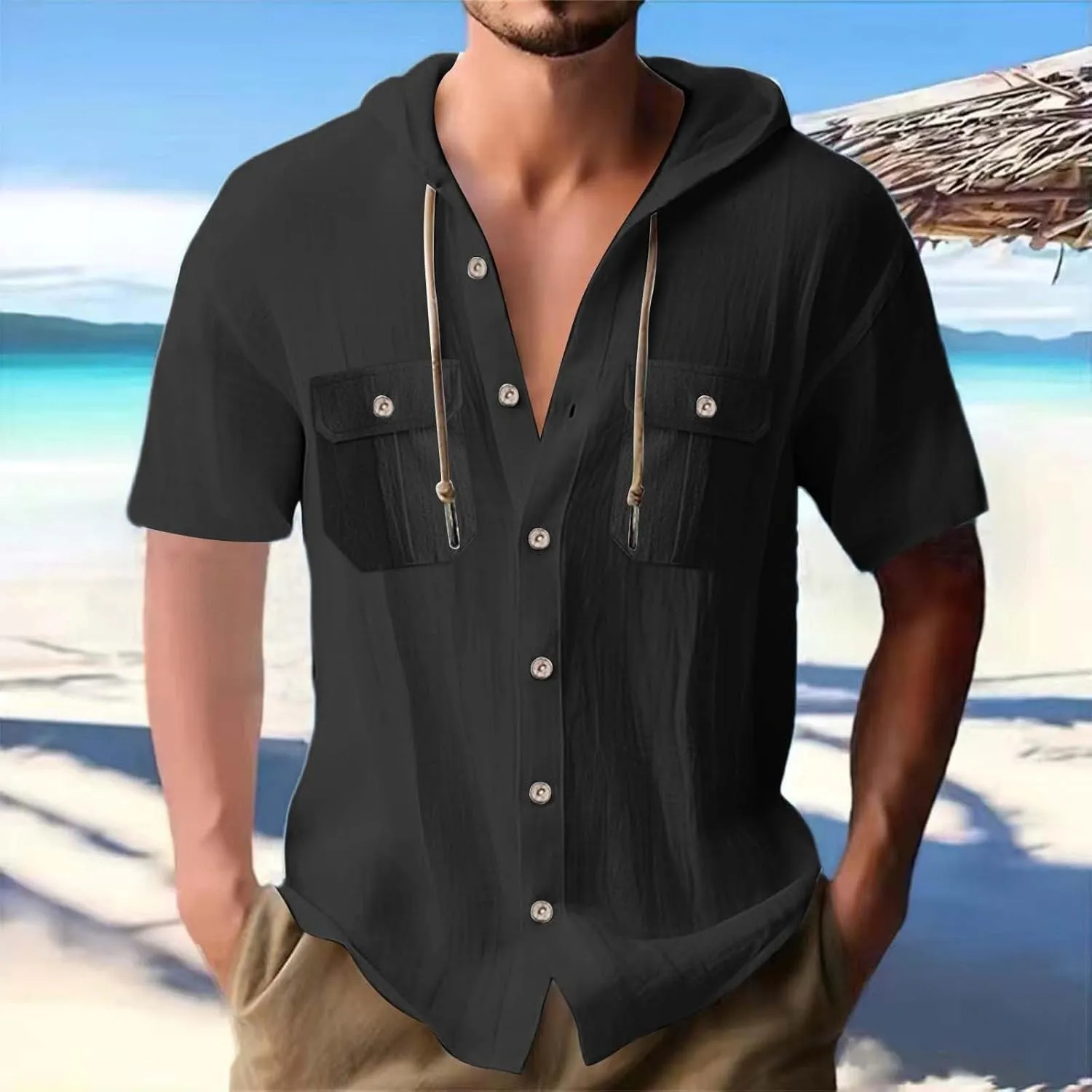 Short Sleeve Hoodies for Men Cotton Linen Cargo Button Up Shirts with Pockets Summer Hawaiian T-Shirt Tactical Tops