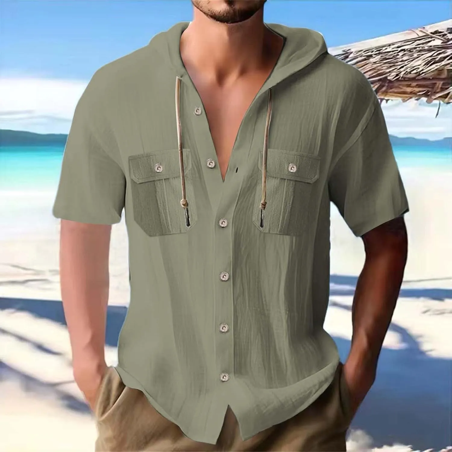 Short Sleeve Hoodies for Men Cotton Linen Cargo Button Up Shirts with Pockets Summer Hawaiian T-Shirt Tactical Tops