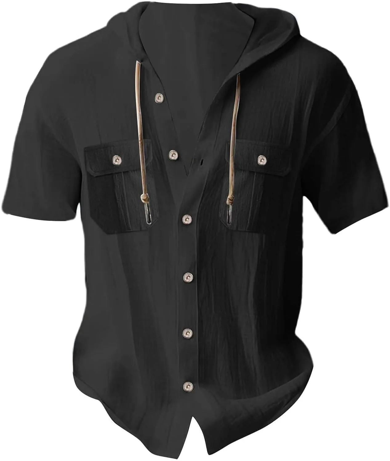 Short Sleeve Hoodies for Men Cotton Linen Cargo Button Up Shirts with Pockets Summer Hawaiian T-Shirt Tactical Tops