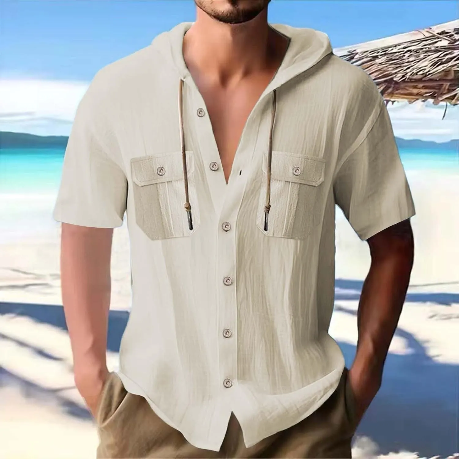 Short Sleeve Hoodies for Men Cotton Linen Cargo Button Up Shirts with Pockets Summer Hawaiian T-Shirt Tactical Tops