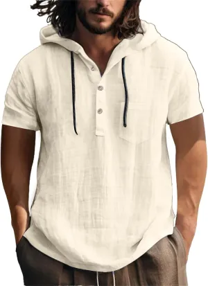 Short Sleeve Hoodies for Men Cotton Linen Henley Shirts with Pocket Summer Button Up Hawaiian Shirt Loose Beach Tops