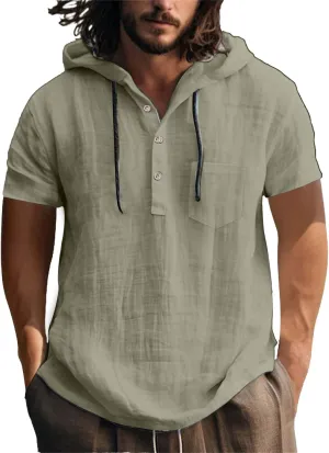 Short Sleeve Hoodies for Men Cotton Linen Henley Shirts with Pocket Summer Button Up Hawaiian Shirt Loose Beach Tops
