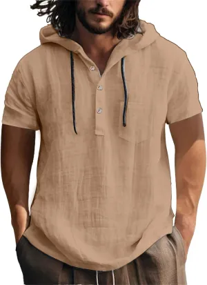 Short Sleeve Hoodies for Men Cotton Linen Henley Shirts with Pocket Summer Button Up Hawaiian Shirt Loose Beach Tops