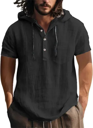 Short Sleeve Hoodies for Men Cotton Linen Henley Shirts with Pocket Summer Button Up Hawaiian Shirt Loose Beach Tops