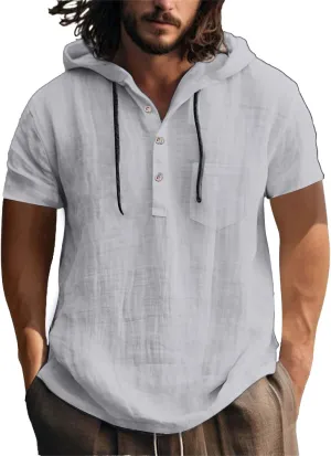 Short Sleeve Hoodies for Men Cotton Linen Henley Shirts with Pocket Summer Button Up Hawaiian Shirt Loose Beach Tops