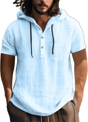 Short Sleeve Hoodies for Men Cotton Linen Henley Shirts with Pocket Summer Button Up Hawaiian Shirt Loose Beach Tops