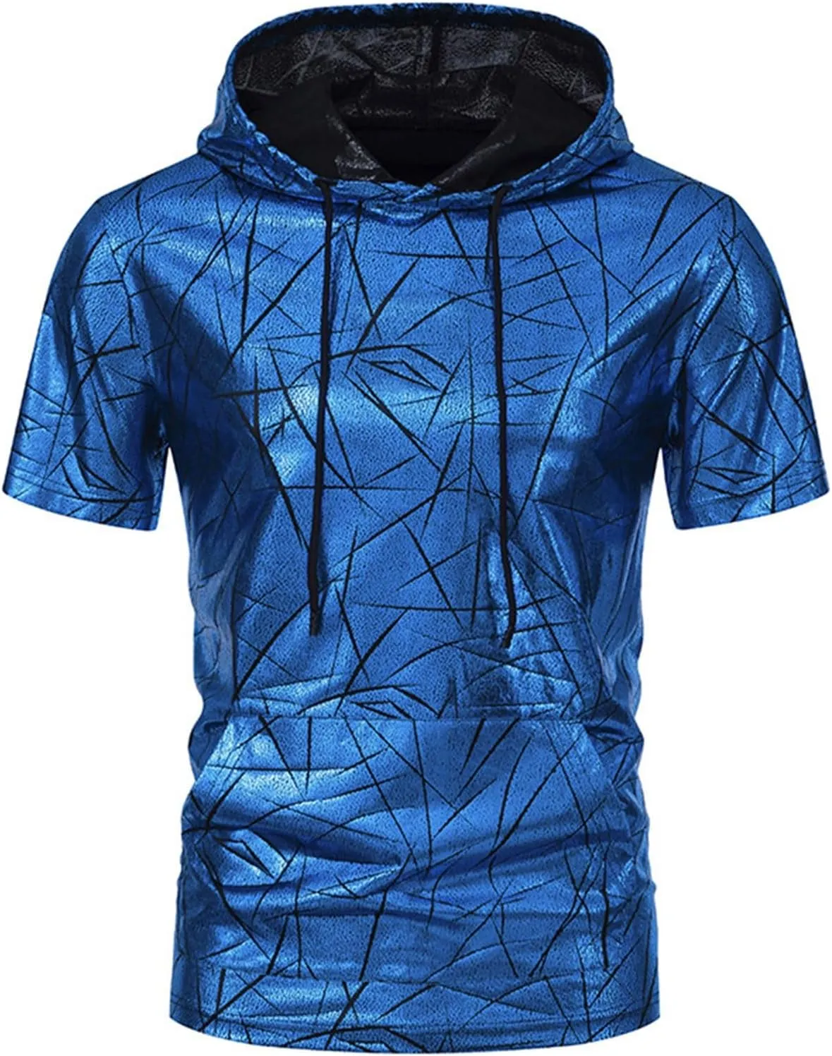 Short Sleeve Hoodies for Men Disco Punk Hooded Hipster Shirts Gym Workout Shiny Steampunk Costume Casual Running Tees