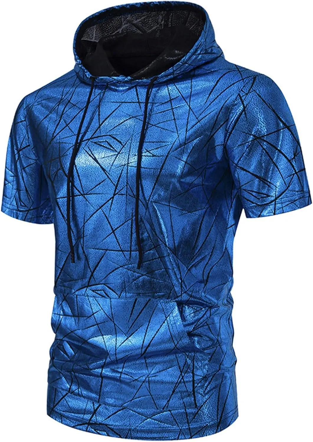 Short Sleeve Hoodies for Men Disco Punk Hooded Hipster Shirts Gym Workout Shiny Steampunk Costume Casual Running Tees