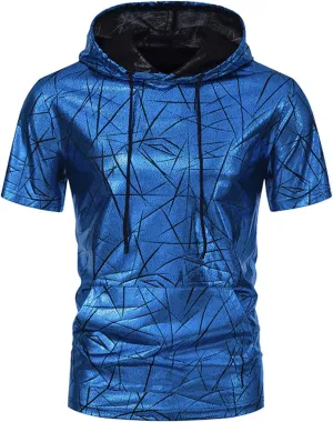 Short Sleeve Hoodies for Men Disco Punk Hooded Hipster Shirts Gym Workout Shiny Steampunk Costume Casual Running Tees