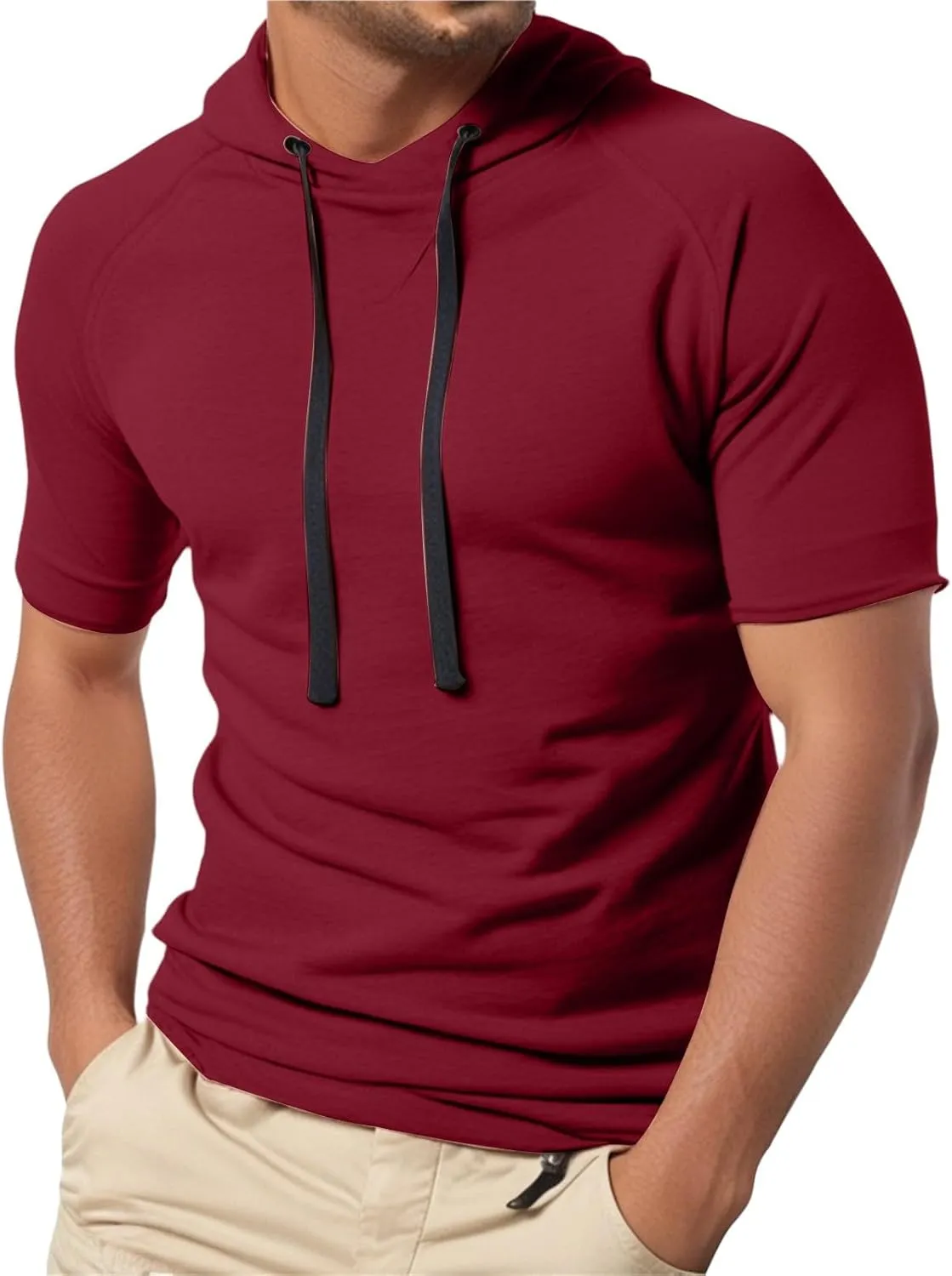 Short Sleeve Hoodies for Men Muscle Fit Workout Hoodie Gym Shirts Fashion Athletic Pullover Tops Cotton Hooded Tshirt
