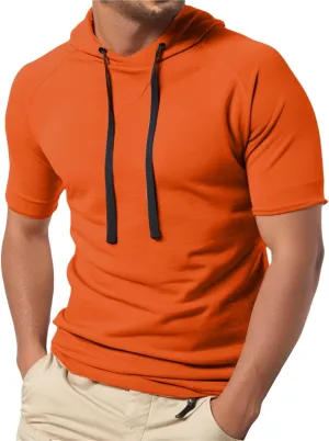 Short Sleeve Hoodies for Men Muscle Fit Workout Hoodie Gym Shirts Fashion Athletic Pullover Tops Cotton Hooded Tshirt