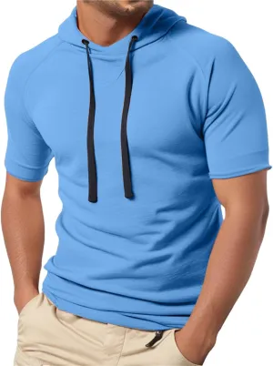 Short Sleeve Hoodies for Men Muscle Fit Workout Hoodie Gym Shirts Fashion Athletic Pullover Tops Cotton Hooded Tshirt