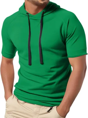 Short Sleeve Hoodies for Men Muscle Fit Workout Hoodie Gym Shirts Fashion Athletic Pullover Tops Cotton Hooded Tshirt