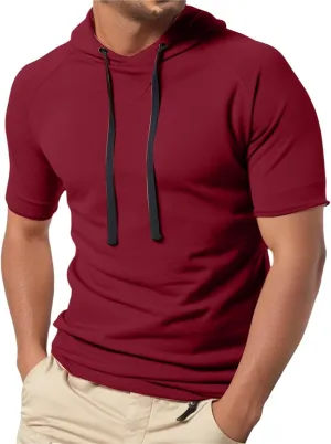 Short Sleeve Hoodies for Men Muscle Fit Workout Hoodie Gym Shirts Fashion Athletic Pullover Tops Cotton Hooded Tshirt