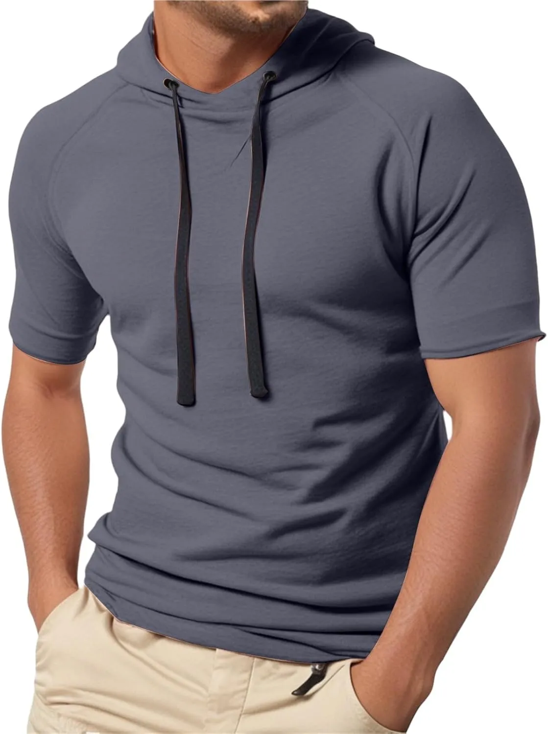 Short Sleeve Hoodies for Men Muscle Fit Workout Hoodie Gym Shirts Fashion Athletic Pullover Tops Cotton Hooded Tshirt
