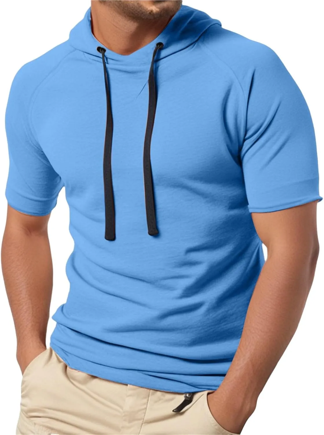 Short Sleeve Hoodies for Men Muscle Fit Workout Hoodie Gym Shirts Fashion Athletic Pullover Tops Cotton Hooded Tshirt