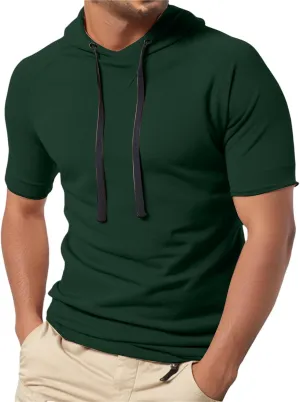 Short Sleeve Hoodies for Men Muscle Fit Workout Hoodie Gym Shirts Fashion Athletic Pullover Tops Cotton Hooded Tshirt