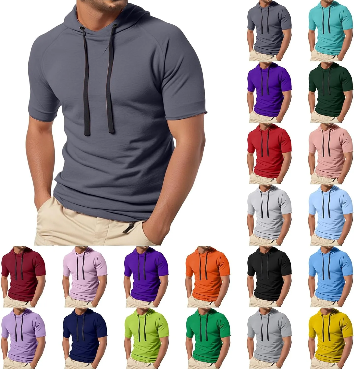 Short Sleeve Hoodies for Men Muscle Fit Workout Hoodie Gym Shirts Fashion Athletic Pullover Tops Cotton Hooded Tshirt