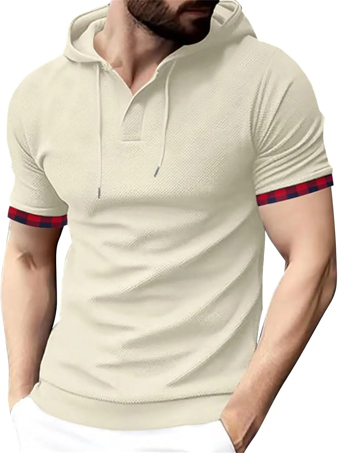 Short Sleeve Hoodies for Men Muscle V Neck Waffle Polo Shirts Slim Fit Golf Shirts Retro Plaid Tops Soft Casual Tees