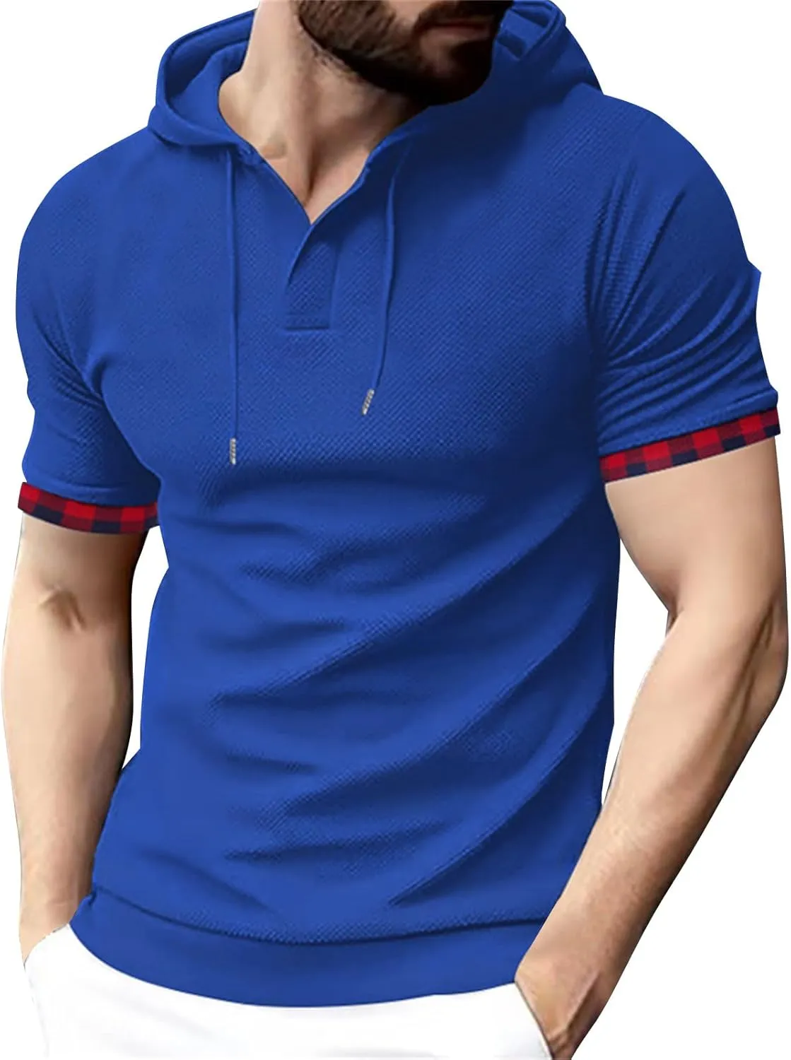 Short Sleeve Hoodies for Men Muscle V Neck Waffle Polo Shirts Slim Fit Golf Shirts Retro Plaid Tops Soft Casual Tees