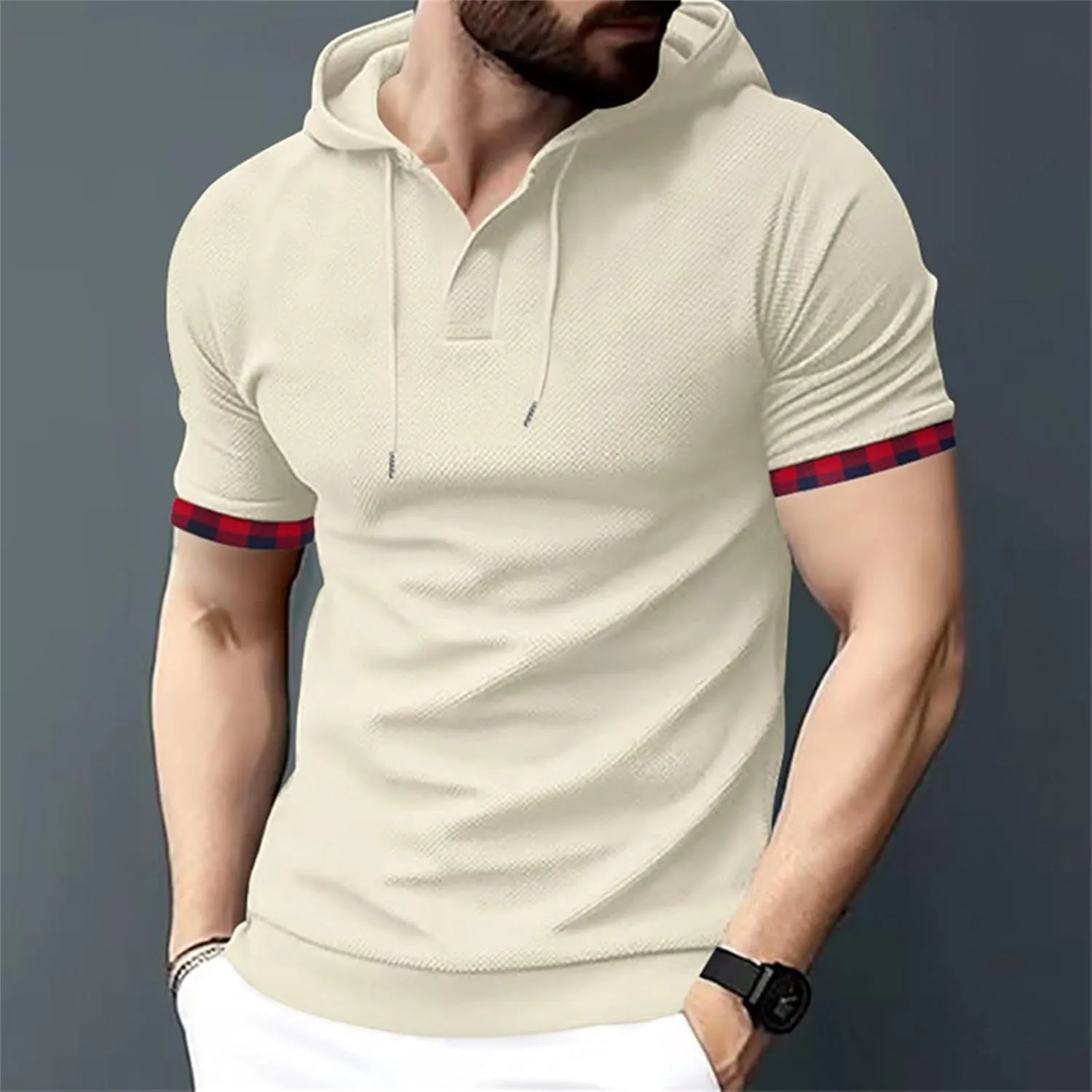 Short Sleeve Hoodies for Men Muscle V Neck Waffle Polo Shirts Slim Fit Golf Shirts Retro Plaid Tops Soft Casual Tees