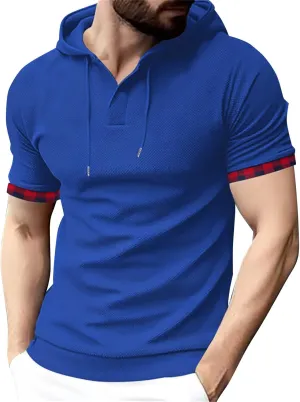 Short Sleeve Hoodies for Men Muscle V Neck Waffle Polo Shirts Slim Fit Golf Shirts Retro Plaid Tops Soft Casual Tees