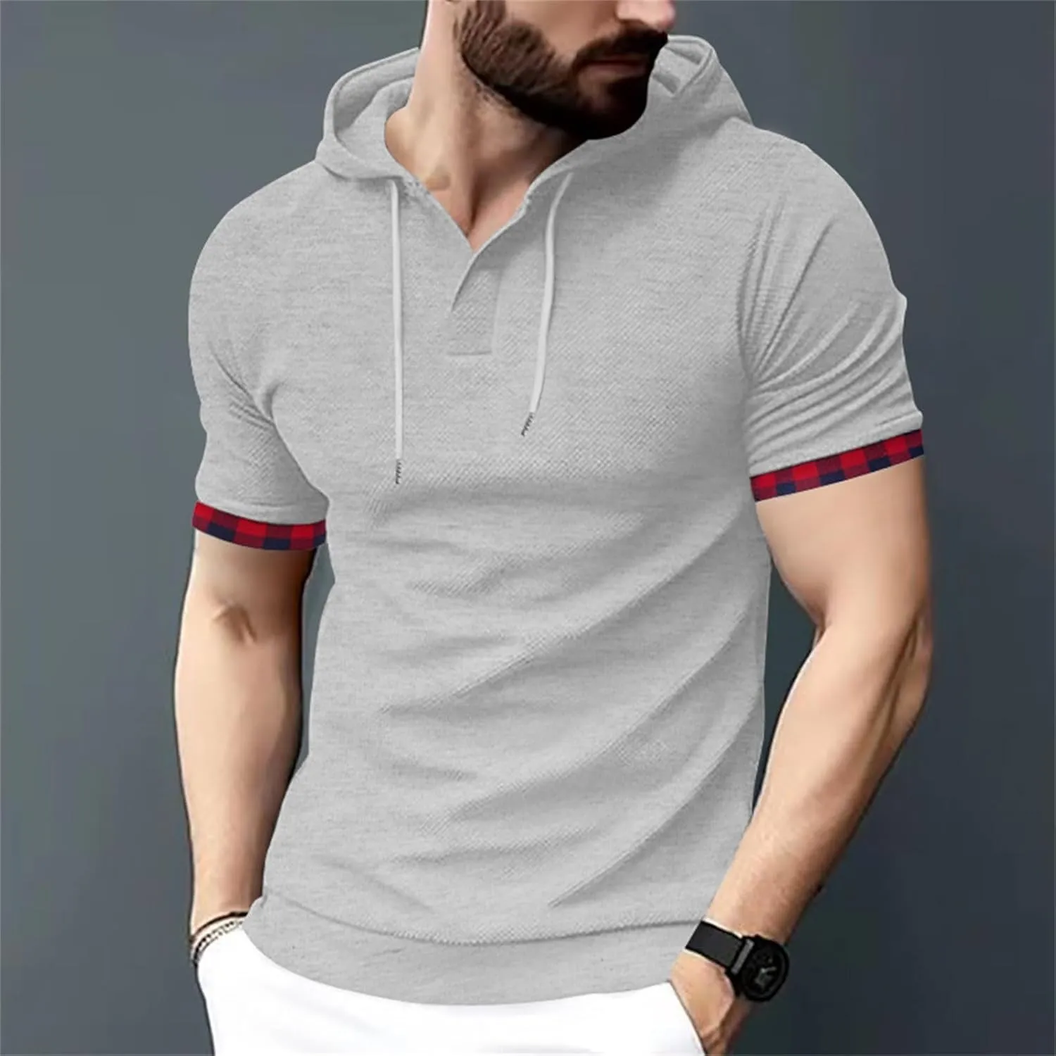 Short Sleeve Hoodies for Men Muscle V Neck Waffle Polo Shirts Slim Fit Golf Shirts Retro Plaid Tops Soft Casual Tees
