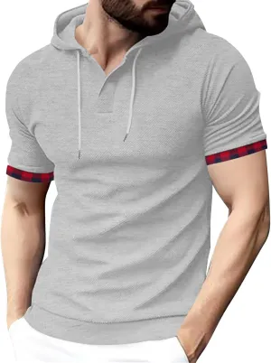 Short Sleeve Hoodies for Men Muscle V Neck Waffle Polo Shirts Slim Fit Golf Shirts Retro Plaid Tops Soft Casual Tees