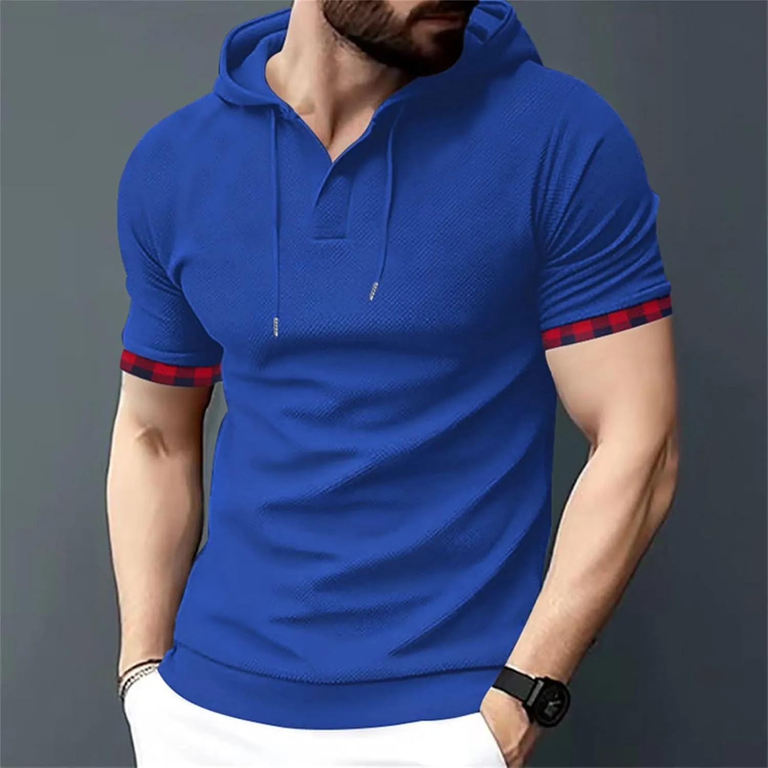 Short Sleeve Hoodies for Men Muscle V Neck Waffle Polo Shirts Slim Fit Golf Shirts Retro Plaid Tops Soft Casual Tees
