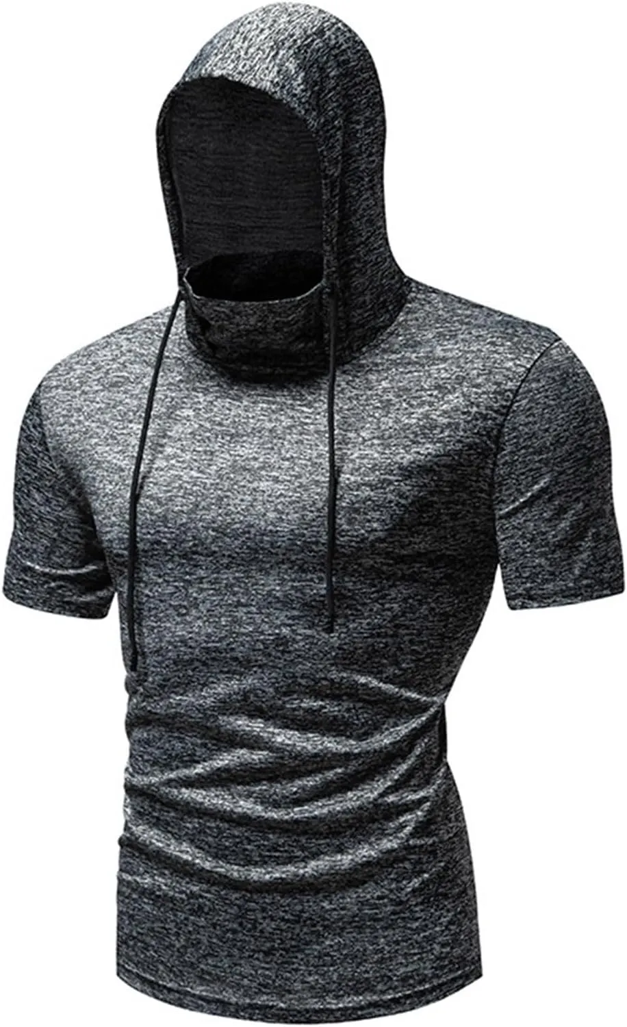 Short Sleeve Hoodies for Men Shirts with Face_mask Turtleneck Muscle Tshirt Fitness Casual Lightweight Slim Fit Tops