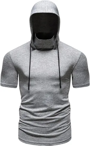 Short Sleeve Hoodies for Men Shirts with Face_mask Turtleneck Muscle Tshirt Fitness Casual Lightweight Slim Fit Tops