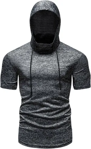 Short Sleeve Hoodies for Men Shirts with Face_mask Turtleneck Muscle Tshirt Fitness Casual Lightweight Slim Fit Tops