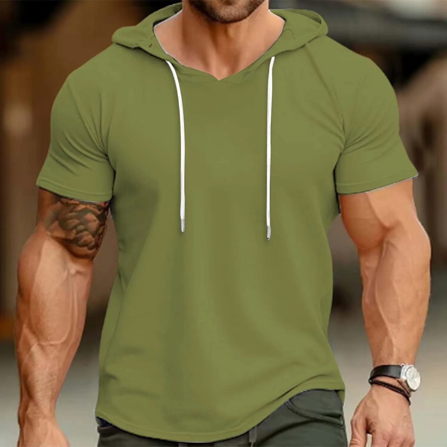 Short Sleeve Hoodies for Men Summer Slim Fit V Neck Pullover Tops with Drawstring Shirts Casual Solid Hooded T-Shirt
