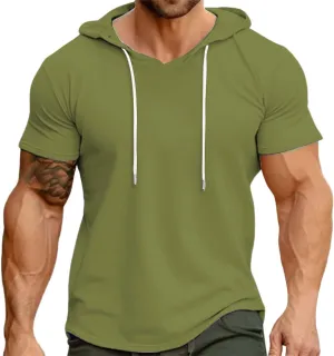 Short Sleeve Hoodies for Men Summer Slim Fit V Neck Pullover Tops with Drawstring Shirts Casual Solid Hooded T-Shirt