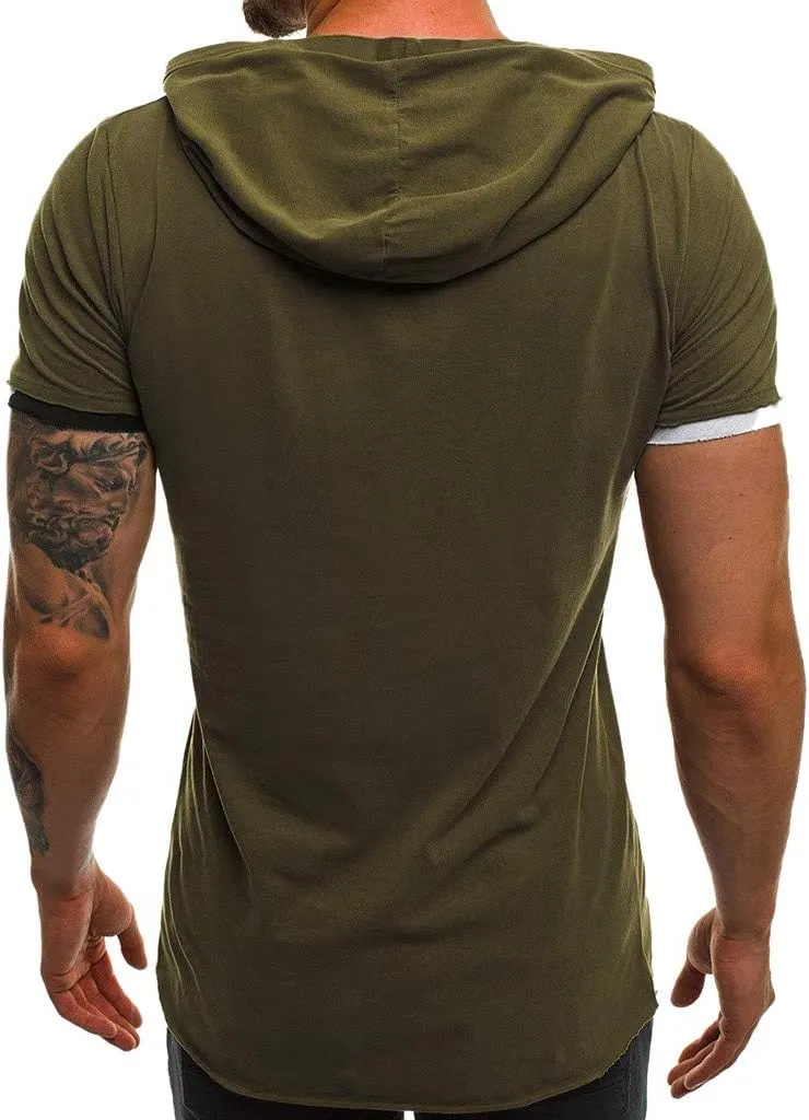 Short Sleeve Hoodies for Men Summer Tops Workout Hooded T Shirts Casual Muscle Cut Off T Shirt Streetwear Gym Tees
