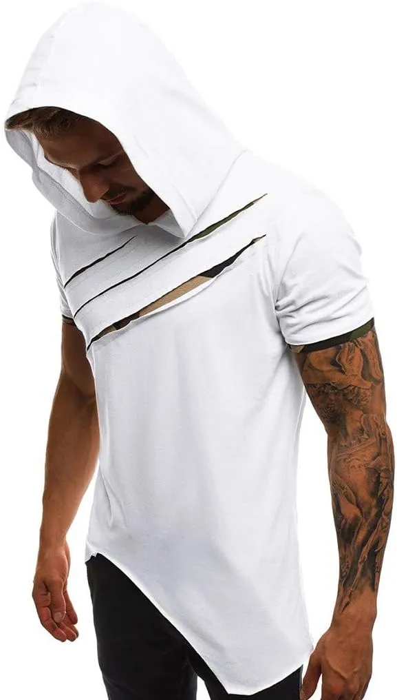 Short Sleeve Hoodies for Men Summer Tops Workout Hooded T Shirts Casual Muscle Cut Off T Shirt Streetwear Gym Tees